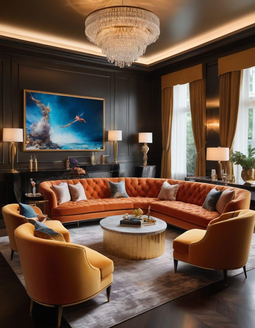 A luxurious lounge setting featuring an elegant couple enjoying rich, high-end entertainment on a large screen, surrounded by stylish decor and exclusive art pieces. Include a lavish bar with exotic cocktails and plush seating, emphasizing a sense of exclusivity and sophistication. The atmosphere should evoke a sense of modern luxury, drawing in the viewer's attention. super-realistic. vibrant colors. 3D.