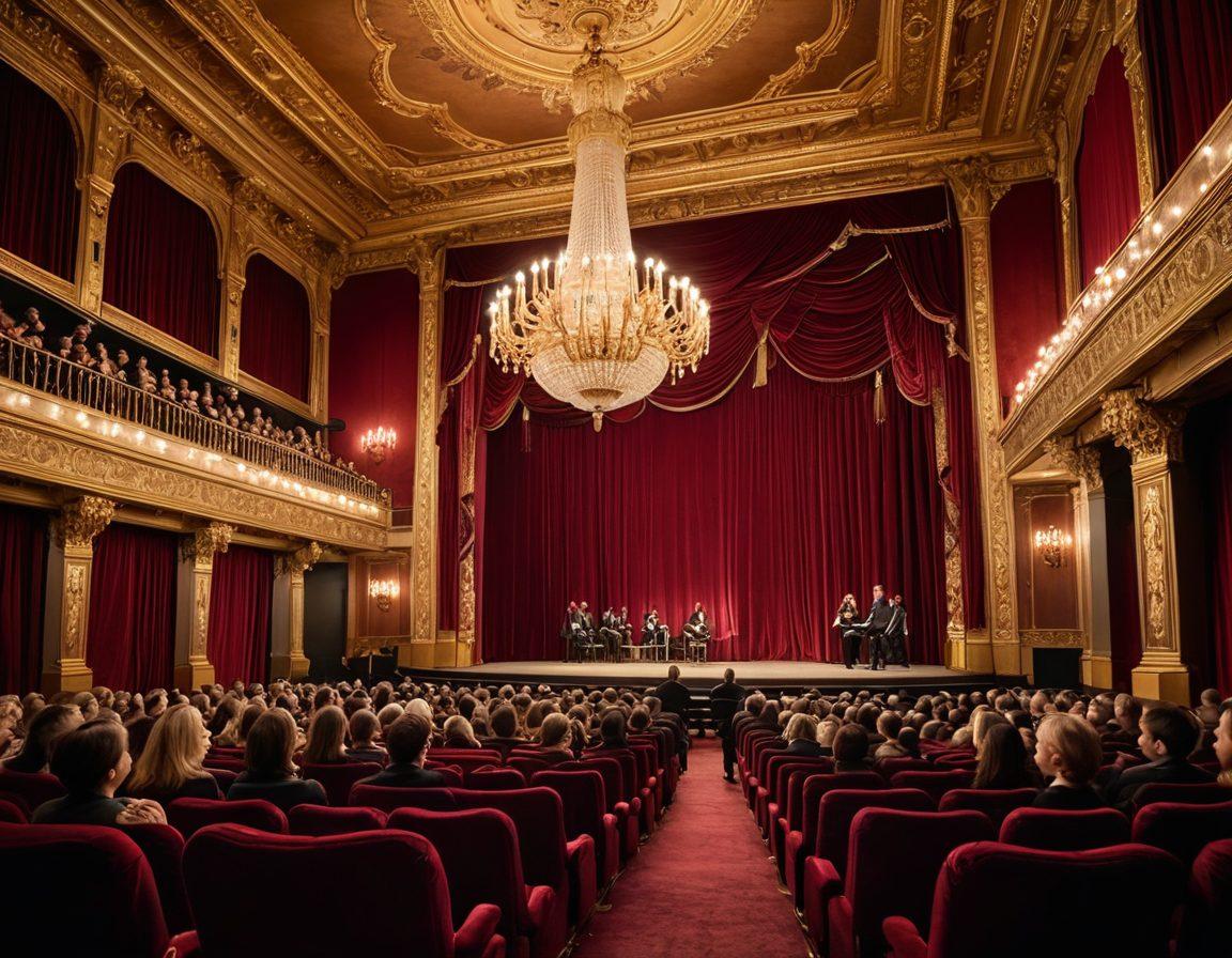 An elegant theater interior with plush velvet seating, golden decorations, and an ornate chandelier, showcasing a diverse audience dressed in upscale attire, enraptured by a stunning opera performance on stage. A subtle glow of sophistication permeates the atmosphere, hinting at a high-class viewing experience. soft focus. luxurious colors. super-realistic.