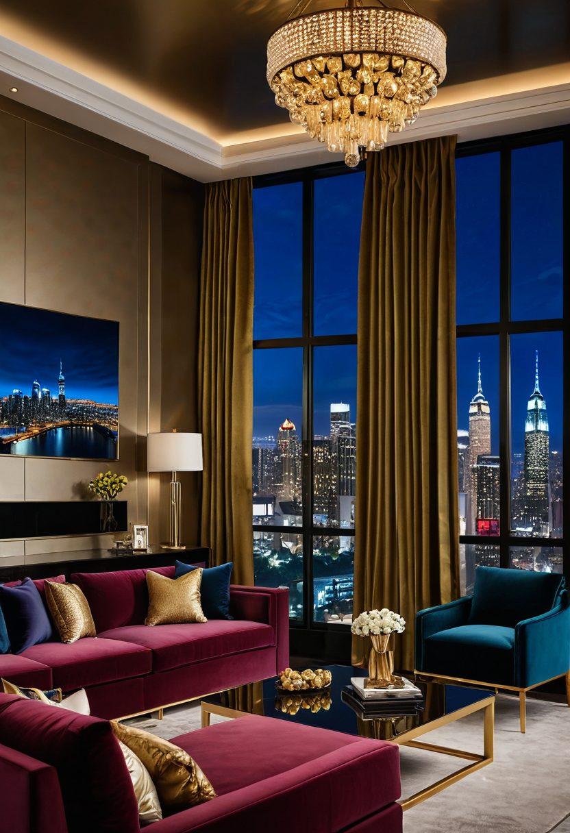 A lavish living room featuring a sleek, oversized TV showcasing a stunning cinematic scene. Plush velvet furniture, opulent gold accents, and soft ambient lighting create an inviting atmosphere. A bowl of gourmet popcorn and a glass of sparkling champagne sit on a glass coffee table. A breathtaking view of a city skyline through large windows adds to the luxury. Capture the essence of high-end entertainment. super-realistic. vibrant colors. cozy ambiance.